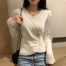 2021 New Korean Chic Knitted Woman Sweaters Fashion Design Coat V-neck Button Irregular Slim Fit Women Sweater Cardigans 2024 - buy cheap