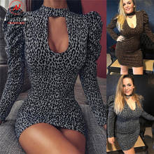 Sexy Women Spring Autumn Pencil Dress Hollow Out Design Back Button Decor O-Neck Puff Sleeve Leopard Print Slim Hips Mini Dress 2024 - buy cheap