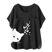 Cat Butterfly Print Blouses Woman Summer O-neck Big Size Tunic Tops 2020 Casual Short Sleeve Oversize Shirts Blusa Kimono Femme 2024 - buy cheap