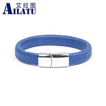 Ailatu 10pcs Men's Stainless Steel Blue Braided Genuine Leather Magnetic Buckle Bracelet  Handmade Gift For Cool Boys 2024 - buy cheap