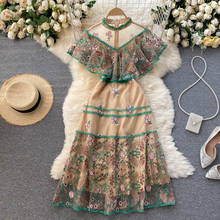 Vestido Vintage de verano para mujer, vestido largo ajustado con volantes, bordado de flores y malla de diseñador de pasarela de alta calidad, novedad 2024 - compra barato