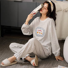 Conjunto de pijamas de talla grande 3XL para mujer, ropa de dormir de algodón de manga larga con estampado bonito de cuello redondo, para el hogar 2024 - compra barato
