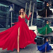 Women Summer Autumn Deep V Neck Long Sleeve Ruffles Maxi Dress Split Evening Party Sexy Fashion Formal Dress 2024 - buy cheap