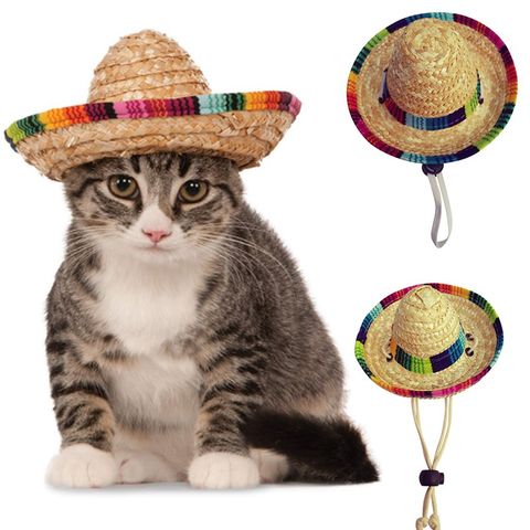 Mini Sombrero de Paja Sombrero Fiesta para gatos pequeños animales/Cachorro/con cuerdas de algodón ajustar