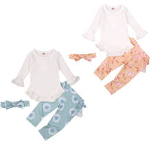 3 pçs infantil roupas da menina do bebê, manga longa crewneck plissado botão macacão + calças florais + conjunto de bandana 2024 - compre barato