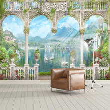 Personalize o fundo da sala de estar da paisagem romana europeia picos lago cisne fresco personalizado grande mural verde papel parede 2024 - compre barato