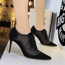 2021 New Fashion Women 8.5cm Pencil High Heels Khaki Pumps Lace Up Mesh Pumps Pointed Toe Flock Red Pumps Ladies Sexy Club Shoes 2024 - buy cheap
