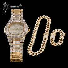 Роскошные мужские золотые часы и браслет и ожерелье комбинированный набор хип-хоп наручные часы ледяные кубинские звенья цепи мужские ювелирные изделия хронограф 2024 - купить недорого
