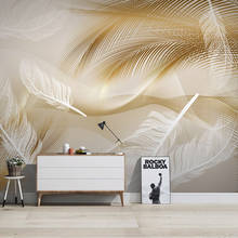 Papel de parede personalizado 3d, arte de decoração com linhas douradas, mural de penas brancas, luxo, sala de estar, sofá, plano de fundo de tv, moderno 2024 - compre barato