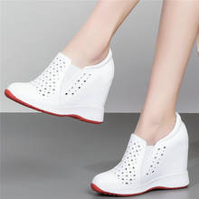 Tênis de moda feminina respirável cunhas de couro genuíno salto alto sapatos vulcanizados feminino dedo do pé redondo bombas sapatos casuais 2024 - compre barato