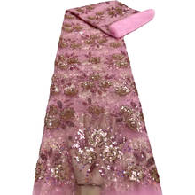 Hermosa tela de encaje africano rosa con lentejuelas, encaje de tul francés africano de alta calidad, 5 yardas, encaje de red Nigeriano para vestido Z010 2024 - compra barato