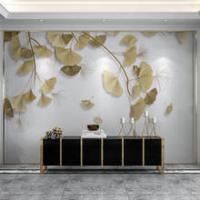 Mural personalizado 3D de hojas de Ginkgo en relieve dorado, papel tapiz 3D, pintura de pared de lujo para sala de estar, dormitorio, Fondo de TV, revestimiento de pared 2024 - compra barato
