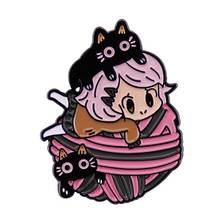 cute pink hair anime girl with black cats Ball of yarn enamel pin brooch 2024 - buy cheap