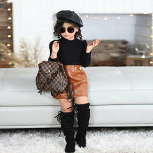 Fashion Toddler Baby Girl Clothes Solid Long Sleeve Cotton Turtleneck Tops + PU Leather Pencil Skirt 2PCS Outfits Set 1-5Y 2024 - buy cheap