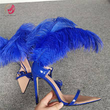 Original Intention Elegant Feathers Blue Sandals Woman Open Toe Super Thin High Heels Sexy Party Pumps Lady Gorgeous Shoes 4-15 2024 - buy cheap