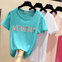 Gkfnmt-Ropa para Mujer, camiseta de verano para Mujer, camiseta fina de moda coreana, camiseta de manga corta con estampado de letras y abalorios, camisetas para Mujer 2021 2024 - compra barato