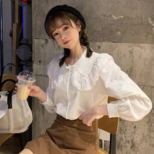 Camisas blancas con cuello Peter Pan para mujer, blusas de manga larga con retales de encaje, estilo coreano, para estudiantes 2024 - compra barato