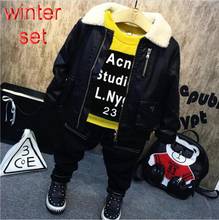 Boy Set Winter Boys Clothing Set Children Clothing Kids Outfits Thicken Faux Leather Coat + Sweater + Plush Jeans 3pcs Boys Suit 2024 - buy cheap