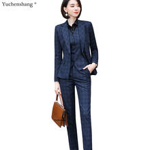 Gray Plaid Blazer Vest and Pant 3 Piece Women Pant Suit  Uniform Designs S-5XL For Office Lady Business Career Work Wear 2024 - купить недорого