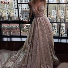 Rose Pink Tulle Maxi Sequin Prom Dresses 2020 Women Elegant Party Sparkle Long Vestidos Gala V-Neck Backless Robes Evening Dress 2024 - buy cheap