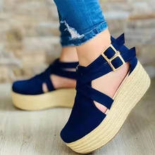 Women's Sandals Vintage Wedge Shoes Woman Buckle Strap Straw Thick Bottom Flats Platform Sandals Flock Female Shoes Summer 2024 - buy cheap