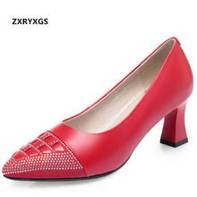 2021 New Top Cowhide Rhinestone Women Fashionable Shoes Red Wedding Shoes Banquet Office Genuine Leather Women High Heel Shoes 2024 - buy cheap