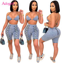 Adogirl Women Sexy Jeans Two Piece Set Halter Backless Bra Top Zipper Back Cross Lace Up Shorts Fashion Summer Denim Suit 2024 - buy cheap