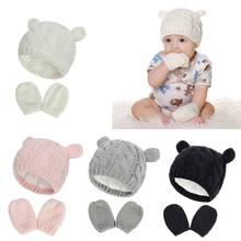 Baby Hat and Mittens Set Kids Knitted Cotton Beanie Cap Winter Warm Boys Girls Double Pompom Hats Gloves 2024 - buy cheap