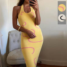 Backless Sexy Women's Dresses Bodycon Summer 2021 Sleeveless Halter High Waist Tight Striped Print Yellow Lady Dress New Fashion 2024 - buy cheap