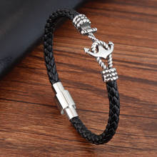 Fashion Men Jewelry Black Leather Bracelet Stainless Steel Magnetic Simple Buckle Weave Pattern Bangles 2024 - buy cheap