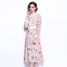 Europe Fashion Women Clothing 2021 Spring Runway Designers Full Sleeve Lace Collar Flower Print Midi Dress Sweet Holiday Robe 2024 - buy cheap