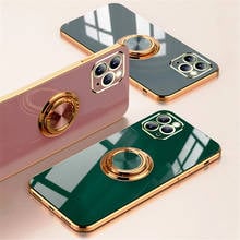 Funda de anillo de lujo para iPhone 12, 11 Pro, Max, XS, XR, X S, 7, 8 Plus, SE 2020, Mini funda de silicona TPU suave chapada con soporte de anillo 2024 - compra barato