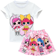 Camiseta con estampado de dibujos animados para niños y niñas, camiseta + pantalones cortos de mezclilla, conjuntos de 2 piezas, ropa de muñeca con agujeros, de verano 2024 - compra barato