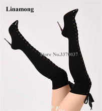 Linamong-Botas por encima de la rodilla con tacón de aguja, botines de ante y tacón alto, con cordones, color negro 2024 - compra barato