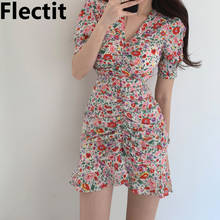 Flecti-Vestido corto femenino de verano con manga corta, minivestido ajustado fruncido con estampado de florecitas, cuello en V y volantes, moda coreana 2024 - compra barato