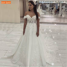 Vestido de noiva luxuoso, de organza, branco, aplique com renda, elegante, marfim, ombro de fora, feito sob encomenda, 2020 2024 - compre barato