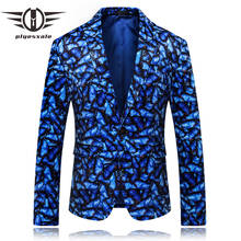 Ploesxales blazer masculino de alta qualidade, blazer de natal, amarelo real, azul estampa de borboleta, slim fit, casual, jaqueta, vestimenta de baile, q49 2024 - compre barato