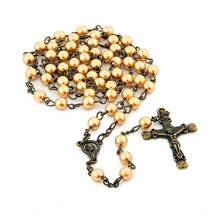 QIGO Catholic Pray Jewelry 6 mm Pearl Rosary Antique Long Cross Pendant Necklace 2024 - buy cheap