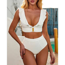 Bikini con volantes para mujer, traje de baño blanco con realce, cintura alta, para playa y verano, 2021 2024 - compra barato