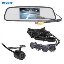 Diykit 5 "espelho retrovisor do carro monitor kit + câmera de visão traseira do carro de vídeo estacionamento radar 4 sensores 2024 - compre barato