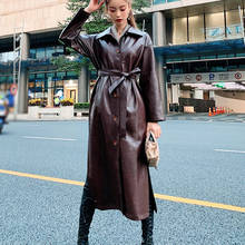 Spring Autumn Long Leather Trench Coat for Women Long Sleeve Belt Button Faux Leather Raincoat Women Plus Size Fashion 2020 2024 - buy cheap