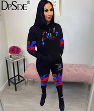 DPSDE Black Letter Hooded Sports Trend Two Pieces Set New 2020 Full Sleeve Streetwear Casual Top Winter Pocket Women Tracksuit 2024 - buy cheap