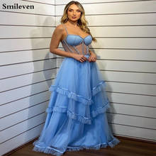 Smileven azul espartilho longo vestido de baile robe de soiree em camadas vestidos de noite cintas de espaguete formal vestido de festa 2024 - compre barato