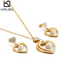 KALEN Bohemia Zircon Pearl Double Heart Pendant Necklaces Drop Earrings Sets For Women Gold Color Stainless Steel Jewelry Sets 2024 - buy cheap