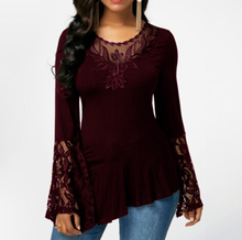 2022 Women Hot T-shirt Top Casual Autumn O Neck Long Sleeve Plus Size Lace Stitching Irregular Hem T-shirt Fashion Flared Sleeve 2024 - buy cheap