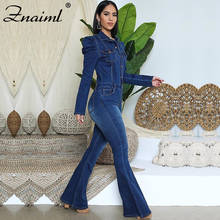 Znaiml elegante macacão feminino denim macacões bolsos alargamento calças de manga longa casual femme sexy jeans macacão plus size S-5XL 2024 - compre barato