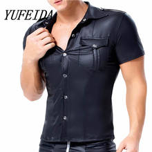 Men's T Shirts PU Leather Short Sleeve Slim Fit Shirts Male Dance Stage Clubwear T-shirt Male Streetwear Tops Tee Plus Size 3XL 2024 - buy cheap