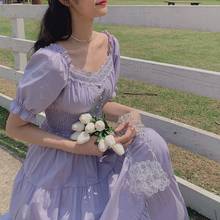 Женское длинное кружевное платье, элегантное белое винтажное платье макси с квадратным вырезом, повседневное праздничное платье во французском стиле, фиолетового цвета, лето 2021 2024 - купить недорого