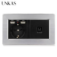 UNKAS EU Standard Wall Socket 2 USB Charge Port Hidden Soft LED + 2 Gang CAT5E RJ45 Internet Stainless Steel Panel 146mm * 86mm 2024 - buy cheap