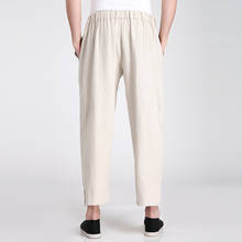 Linho de algodão masculino kung fu calças cintura elástica lazer wu shu calças estilo chinês solto harem pantalones 2024 - compre barato
